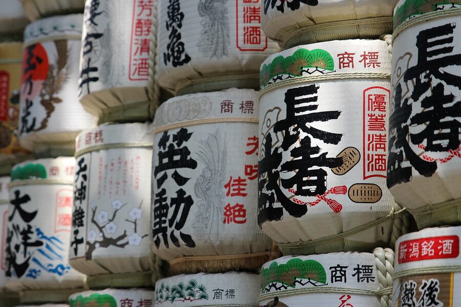 Sake bottles arranged on a backlit shelf at a sake-tasting bar