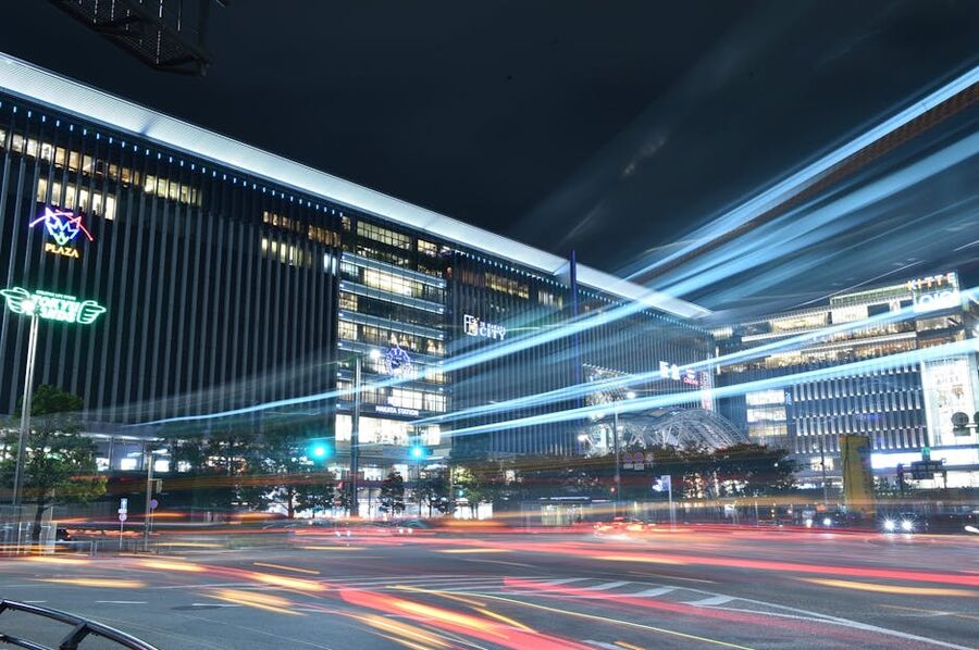 Night cityscape of Fukuoka with car light trails