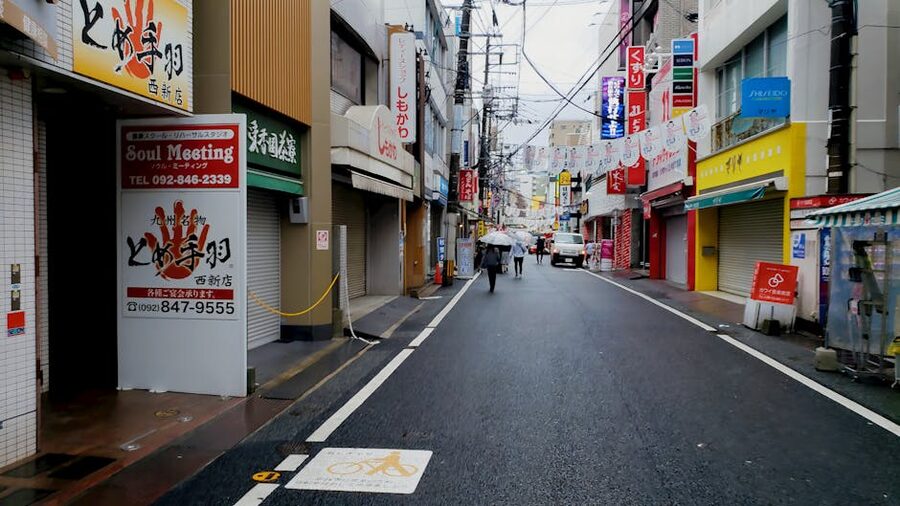 Fukuoka street scene with people walking on a rainy afternoon