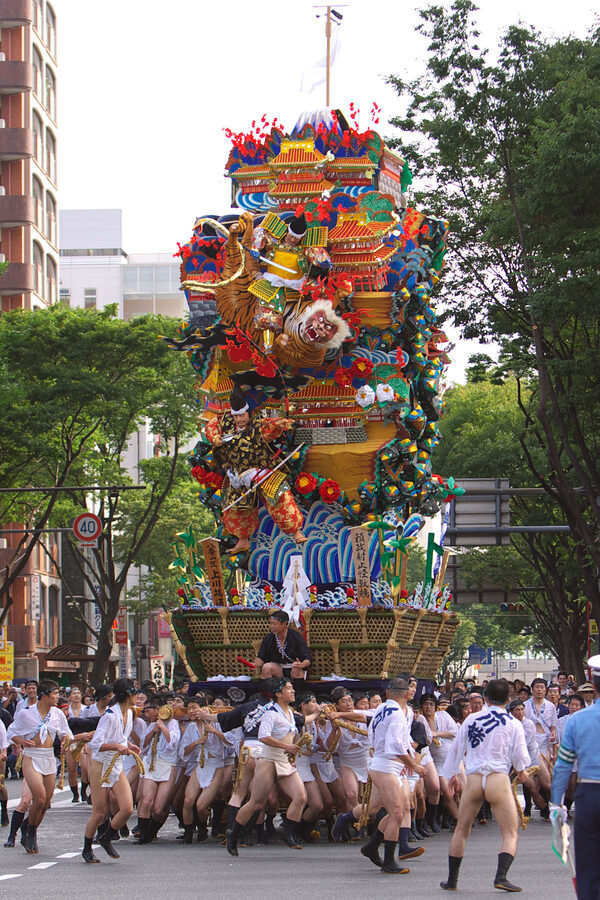 Hakata Gion Yamakasa festival float race in central Fukuoka