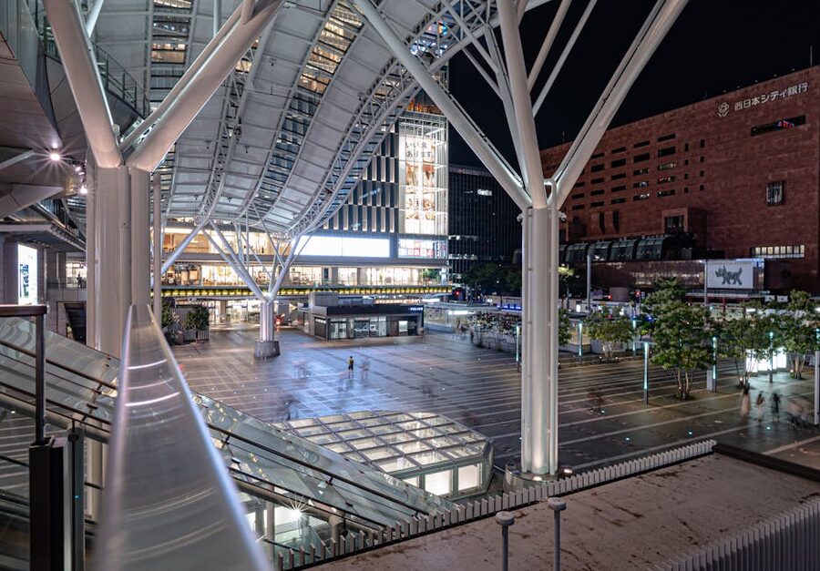 Hakata Station illuminated at night, central Fukuoka