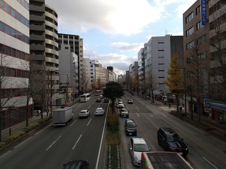 Tenjin shopping street view at Nanotsuguchi intersection in central Fukuoka
