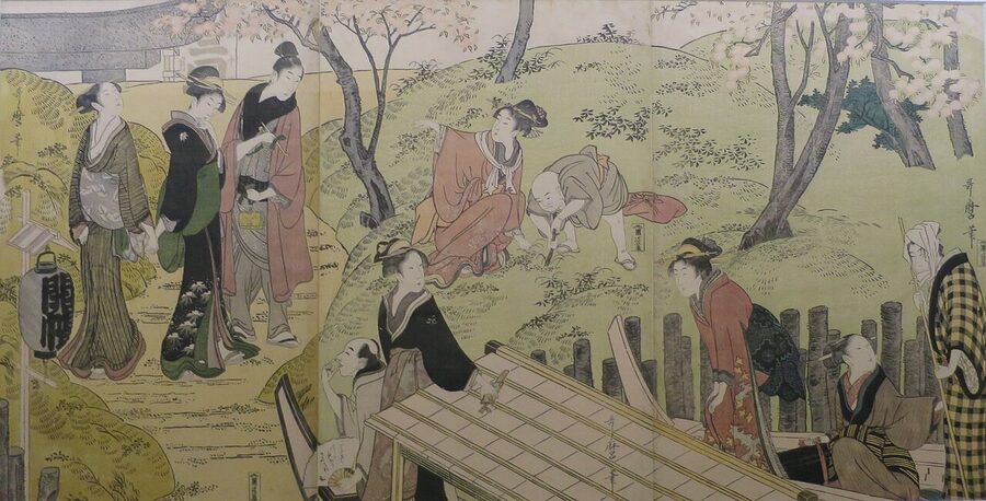 Edo-period woodblock print of cherry blossom viewing at Mimeguri