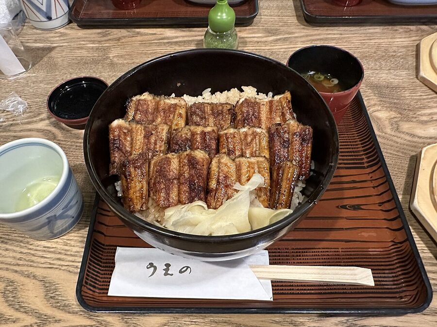 Anago meshi conger eel grilled and served on rice in a wooden bowl