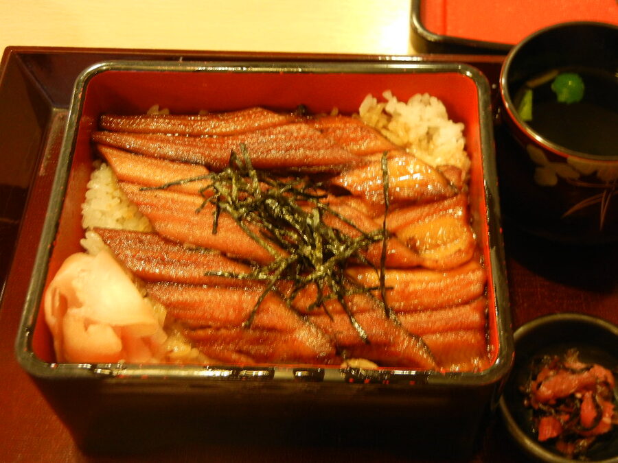 Anago meshi served as a complete meal with rice and grilled conger eel