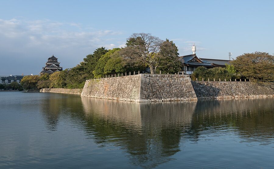 Hiroshima Castle keep rebuilt in concrete with surrounding moat