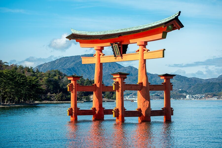 The Itsukushima floating torii gate in Miyajima at high tide