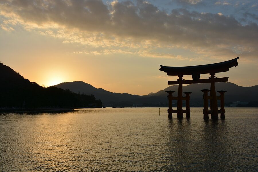 Itsukushima floating torii at sunset over the Seto Inland Sea
