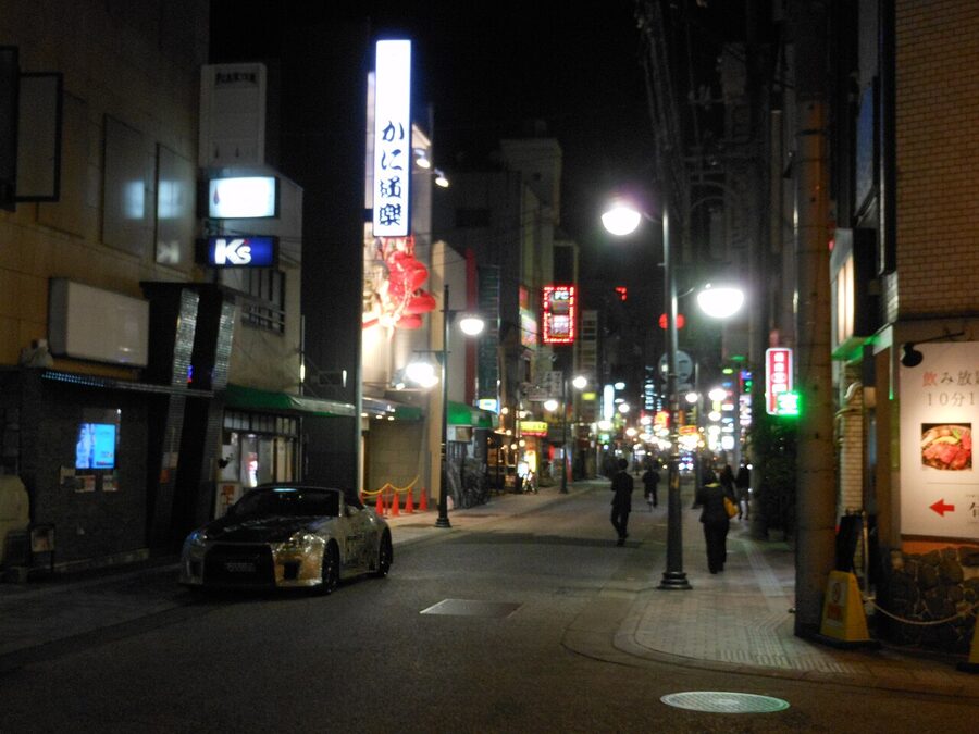 Nagarekawa entertainment district at night with neon signs and crowded street