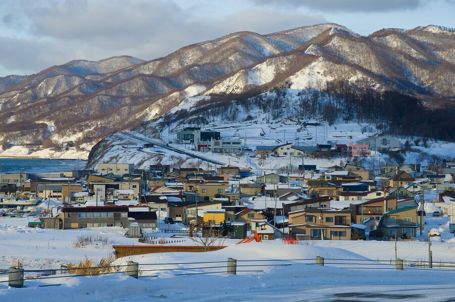 Aerial view of Sapporo in winter with snowy buildings