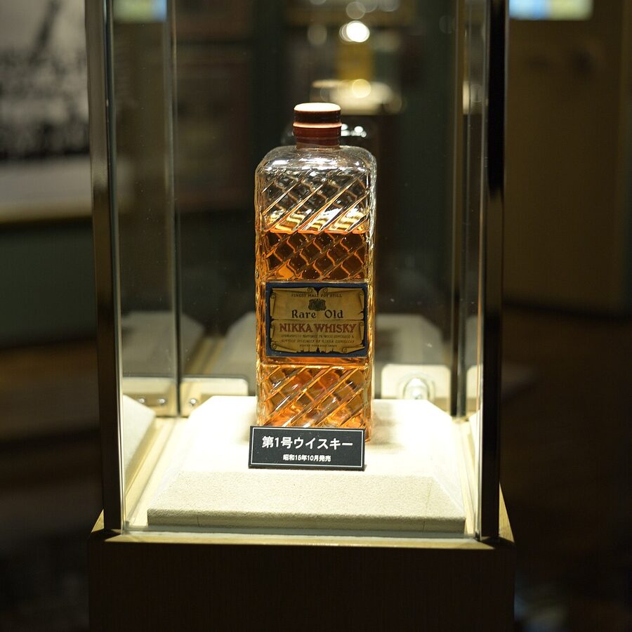 A rare old Nikka Yoichi single cask bottle on display