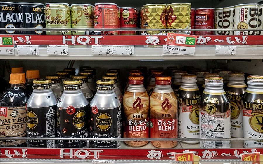 Hot canned coffee at a Japanese convenience store