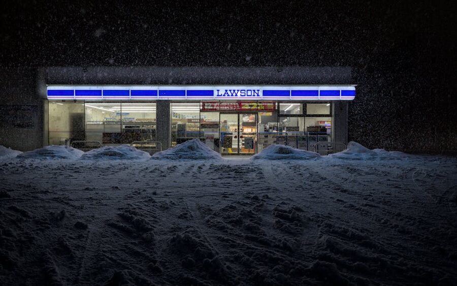 Lawson convenience store in winter snow