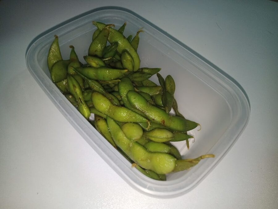 A tray of salted edamame soybeans, the standard izakaya opening snack