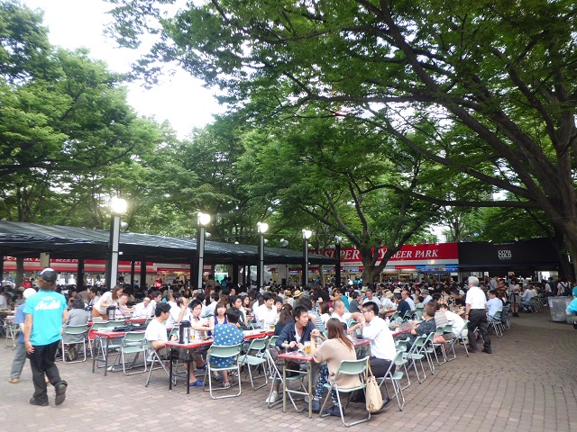 Outdoor Sapporo Odori Beer Garden in summer with crowds