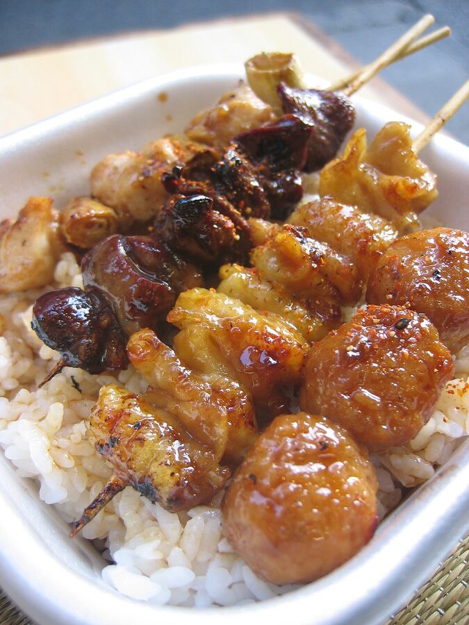 Yakitori skewers in a Tokyo bento, salt-grilled chicken