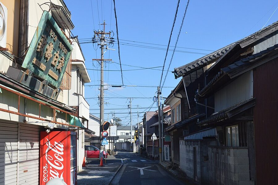 Yamamori Liquor Shop facade in Tokoname, Aichi, with old sake brand signs