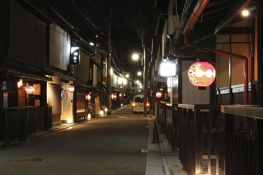 Gion Shirakawa district at evening with traditional Japanese architecture and stone bridge