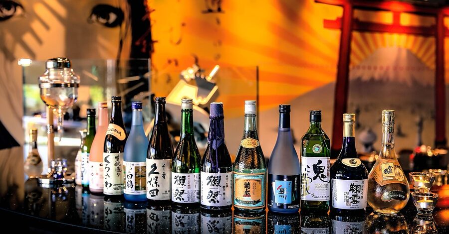 Bottle of premium Japanese sake on a wooden table