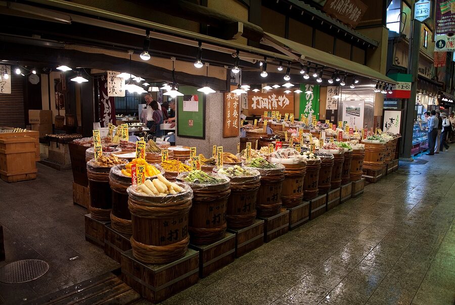 Tsukemono pickle shop with displayed pickled vegetables at Nishiki Market