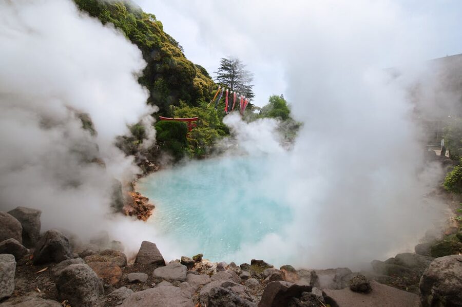 Steam rising from a Beppu hot spring in Oita