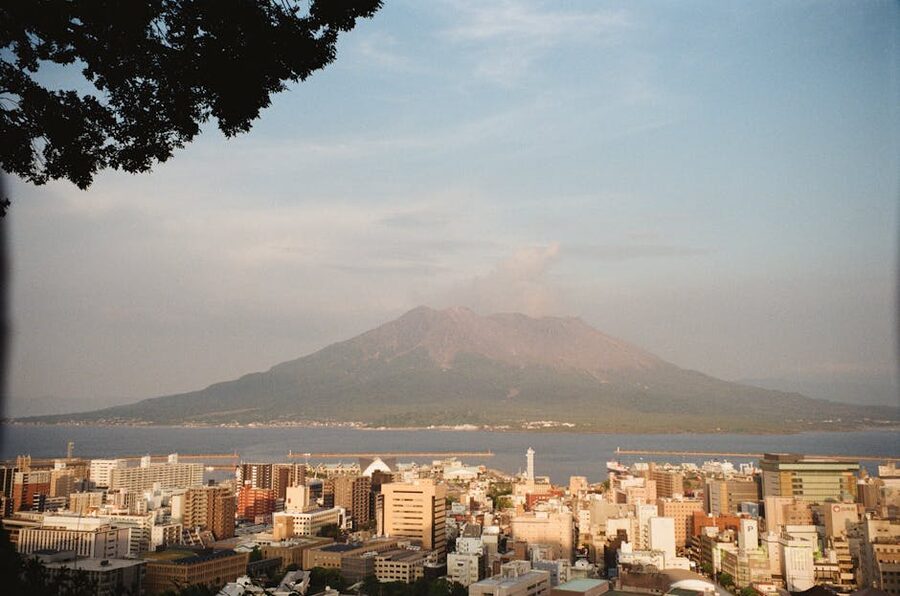Kagoshima city with Sakurajima volcano in the background