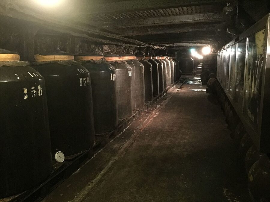 Tunnel-aged shochu jars at Satsuma Kinzangura, Kagoshima