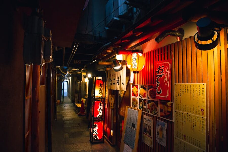 Narrow alley with traditional Japanese izakaya and red lanterns at night
