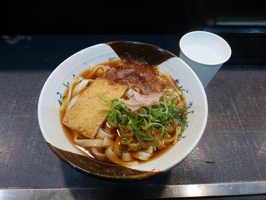 Kishimen flat noodles served at Nagoya Station