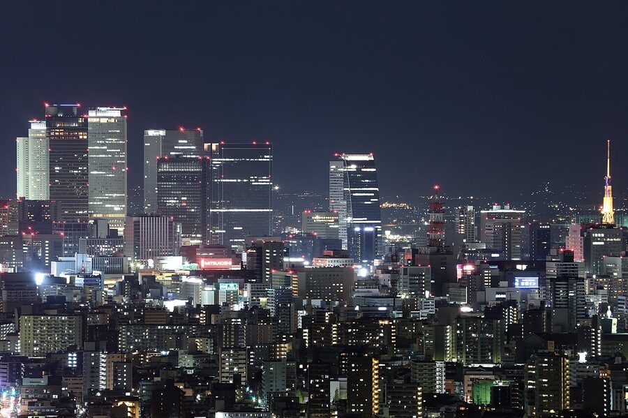 Nagoya skyline at night with illuminated skyscrapers