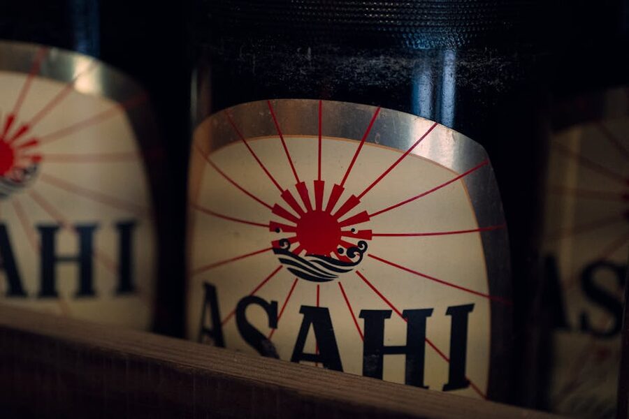 Asahi beer bottles with rising sun logo