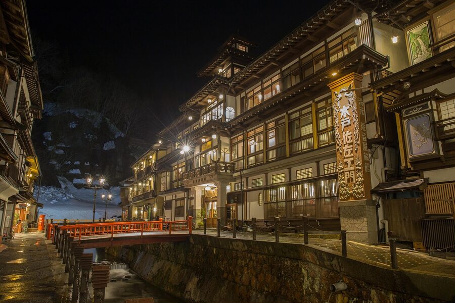 Ginzan Onsen ryokan night view in winter