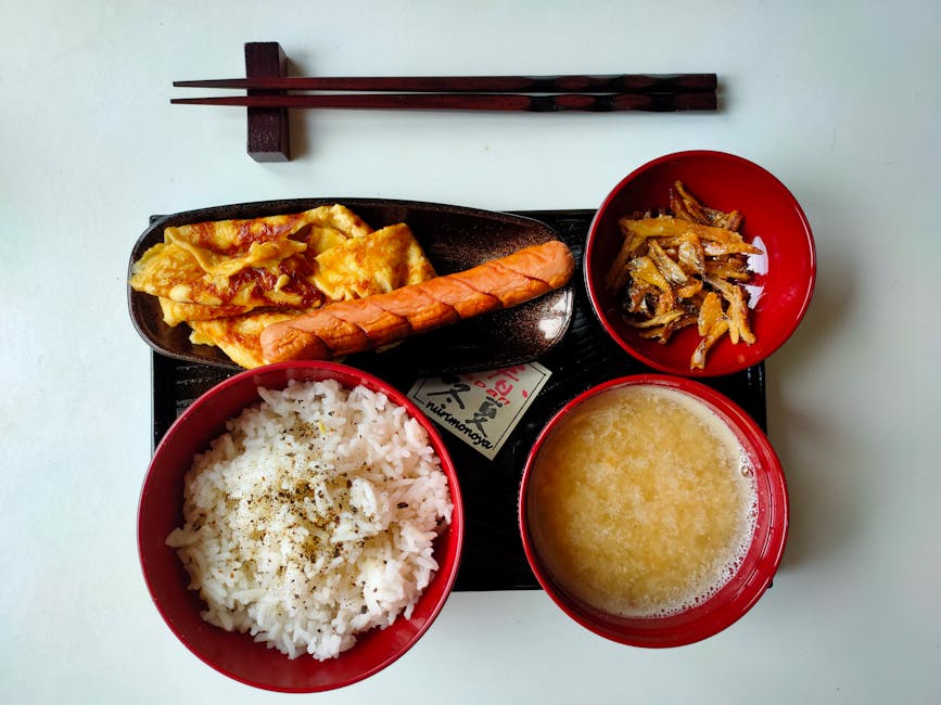 Japanese breakfast set with rice, miso soup, omelette