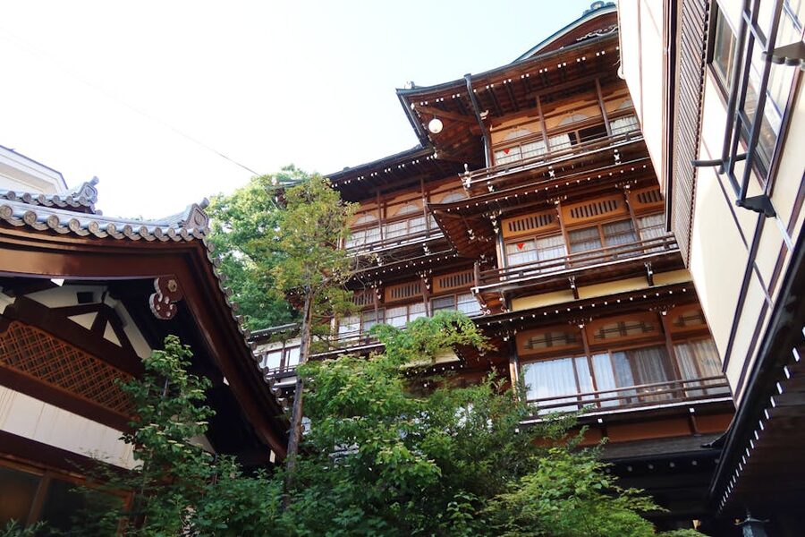 Wooden architecture of a traditional ryokan in Yamanouchi, Nagano