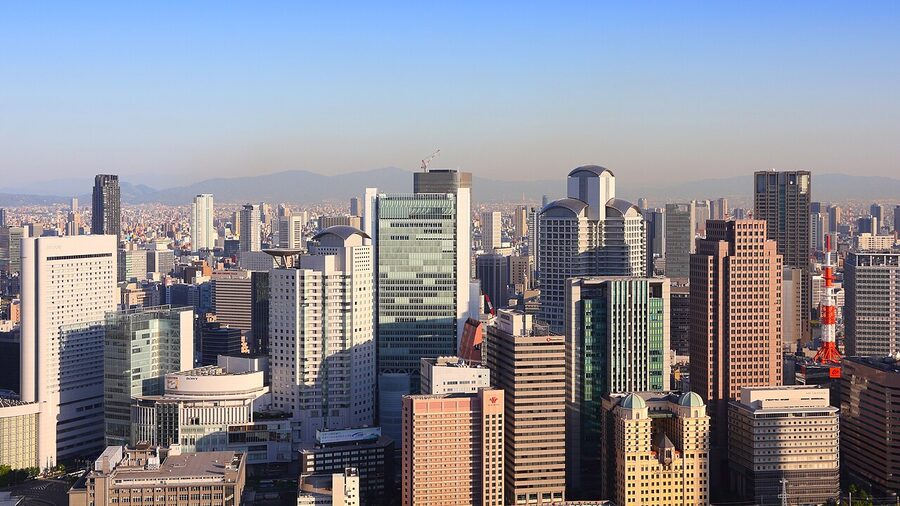 The Umeda district skyline of Osaka by daylight, modern towers dominating
