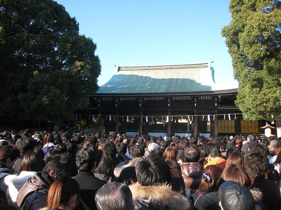 Crowds of New Year visitors at Meiji Shrine in Tokyo for hatsumode