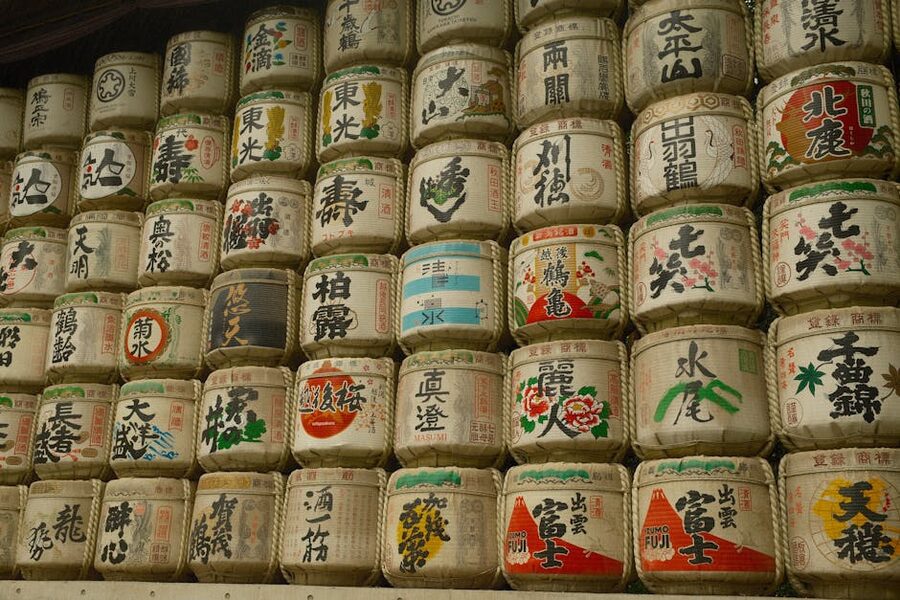 The famous wall of sake barrels at Meiji Shrine in Tokyo, donated by Japanese breweries