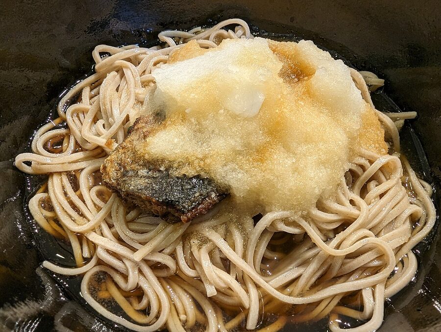 A regional toshikoshi soba bowl with herring, served in a Japanese family on New Year's Eve