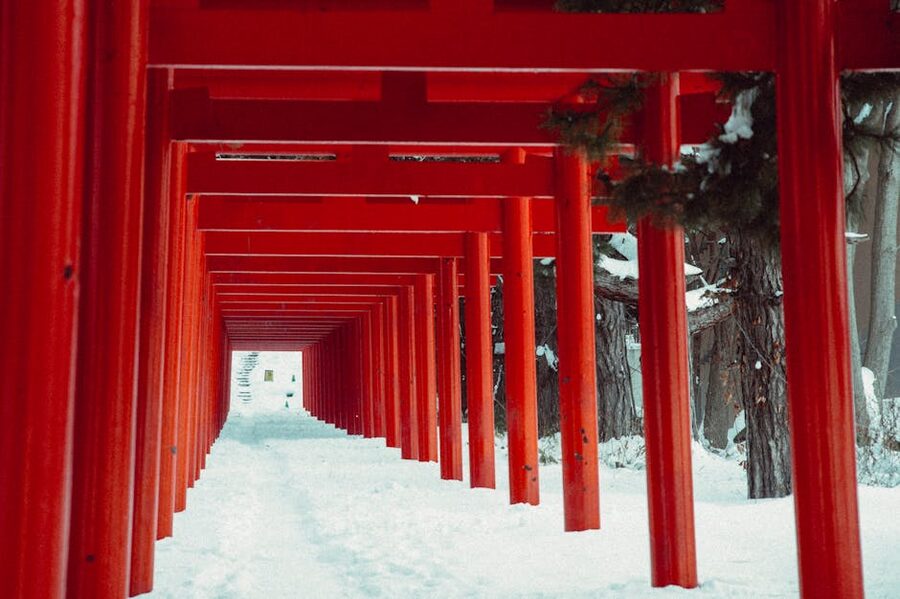 A snowy torii gate in Hokkaido during the New Year period