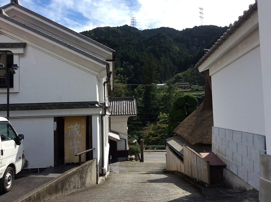 Tasting room at Ozawa Shuzo with Sawanoi sake bottles