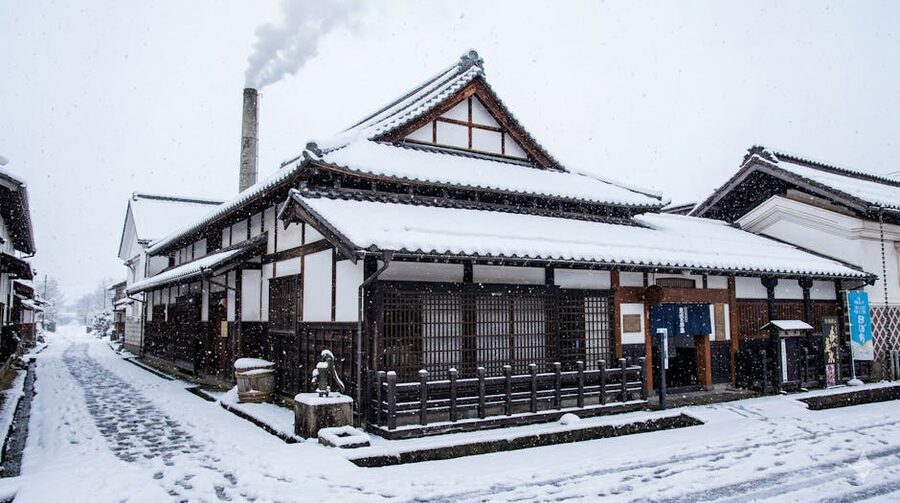 Sake brewery in deep winter snow in Japan