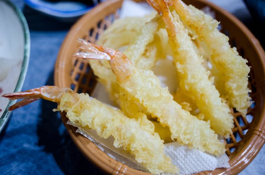 A basket of crispy shrimp tempura, the textbook pairing for sparkling sake