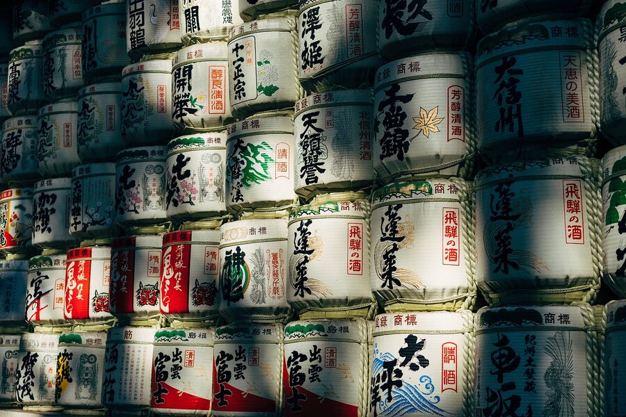 Decorated sake barrels stacked at a Shinto shrine in Tokyo