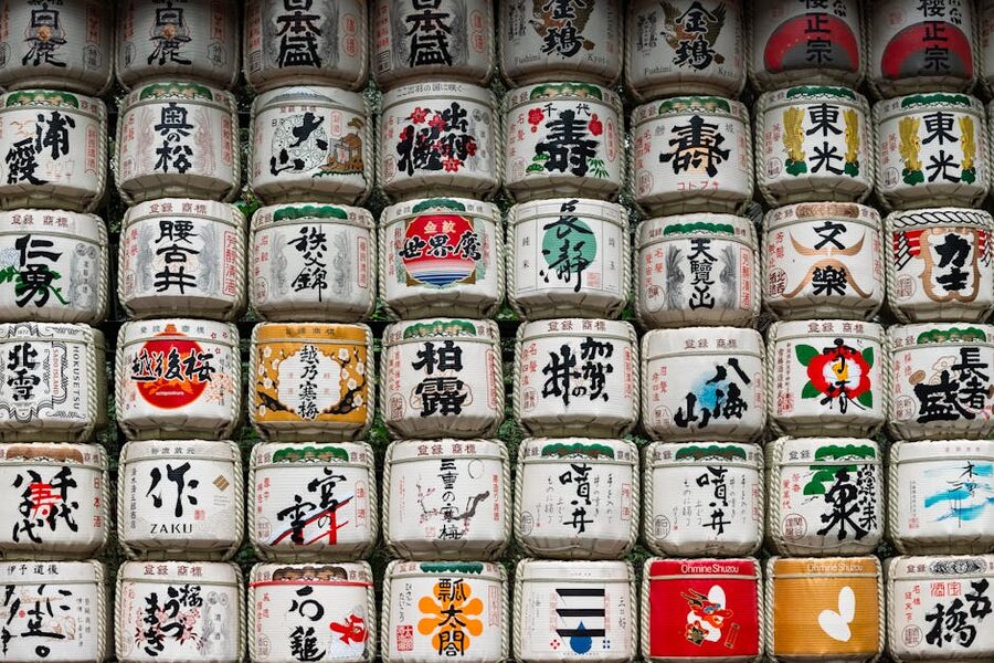 Decorative sake barrels stacked outside in Shibuya, Tokyo