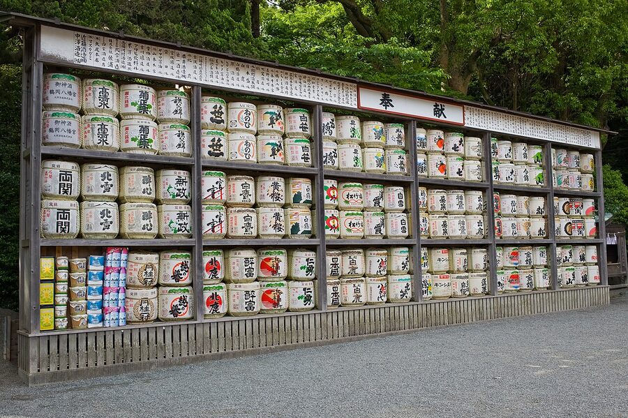 Sake offerings stacked at a Hachimangu shrine in Japan