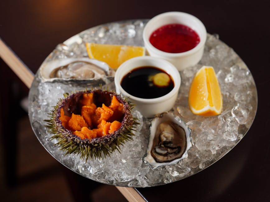 Fresh seafood platter with oysters and uni