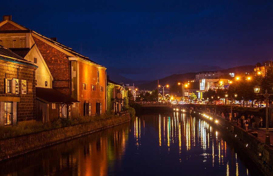 Otaru Canal lit at night warehouses