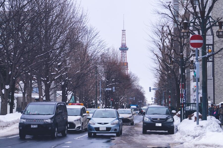 Winter street scene with Sapporo TV Tower