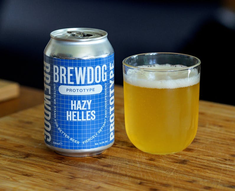 Beer can with glass at table