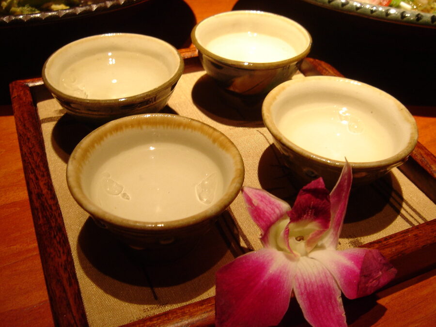 Four types of awamori lined up for tasting